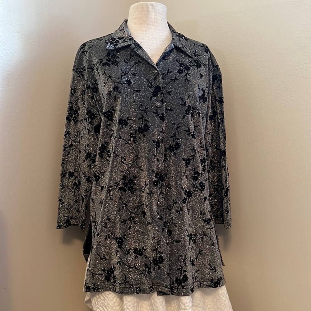 Impressions Floral Glitter Button Down Blouse with Three Quarter Length Sleeve